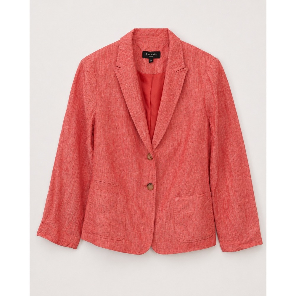 Talbots Petite Coral Red‎ 100% Linen Two Button Blazer Jacket Lined 14P career